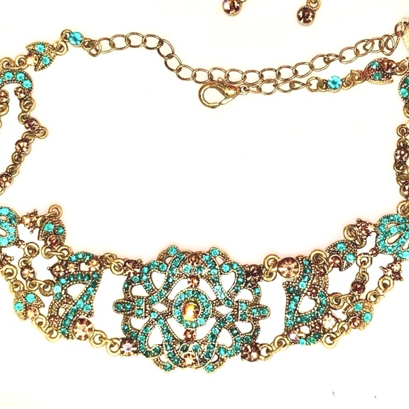 2003~VCLM Noblesse Austrian Crystal VTG Style Jade/Gold Choker Earrings Set NOS - Picture 4 of 11